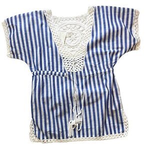 NWT Saachi Blue White Stripe Crochet Short Sleeve Cover Up One Size